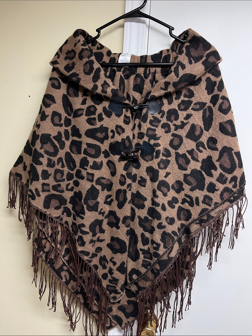Leopard Print Fringe Poncho - Brown & Black